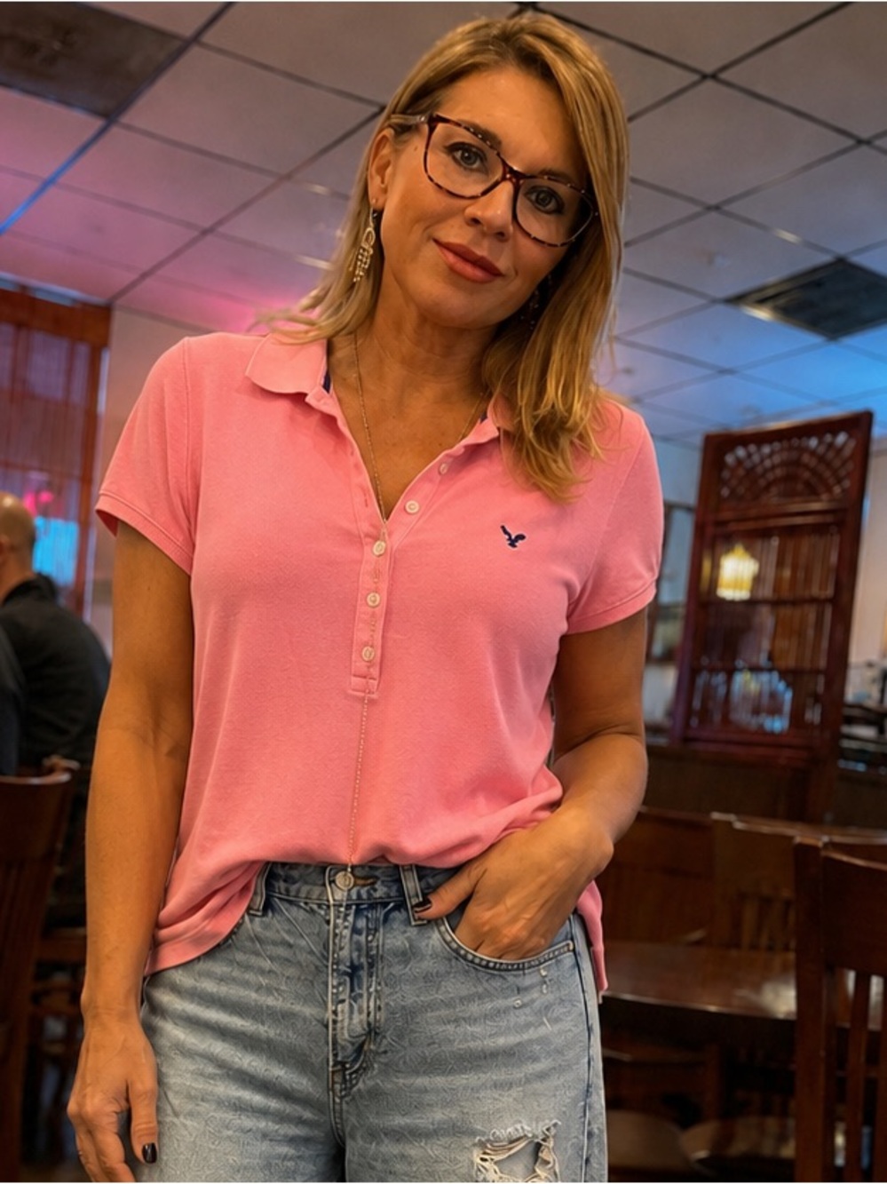 American Eagle Pink Polo Shirt with Small Logo